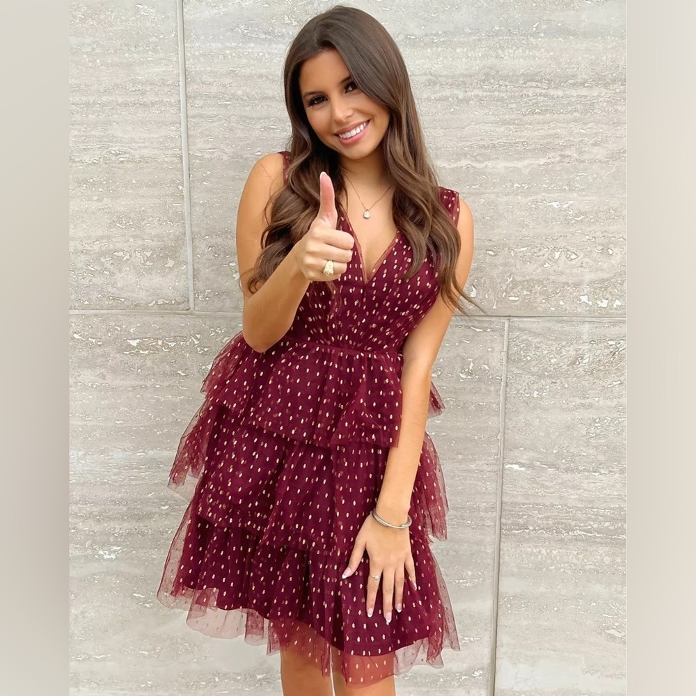 Lulus Forever Sparkling burgundy dotted mesh tiered mini dress size Medium - Picture 2 of 9